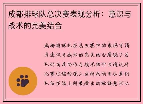 成都排球队总决赛表现分析：意识与战术的完美结合