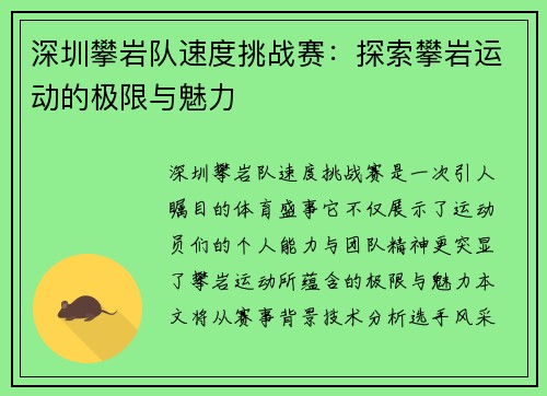 深圳攀岩队速度挑战赛：探索攀岩运动的极限与魅力